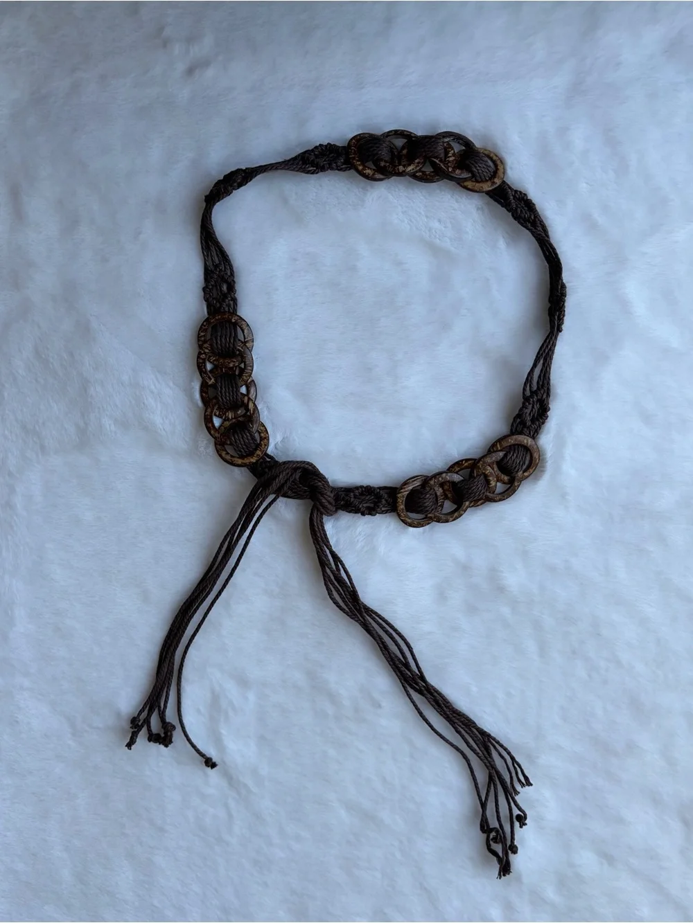 Y2K Brown Braided Rope Belt Wooden Ring Boho Hippie Waist Belt